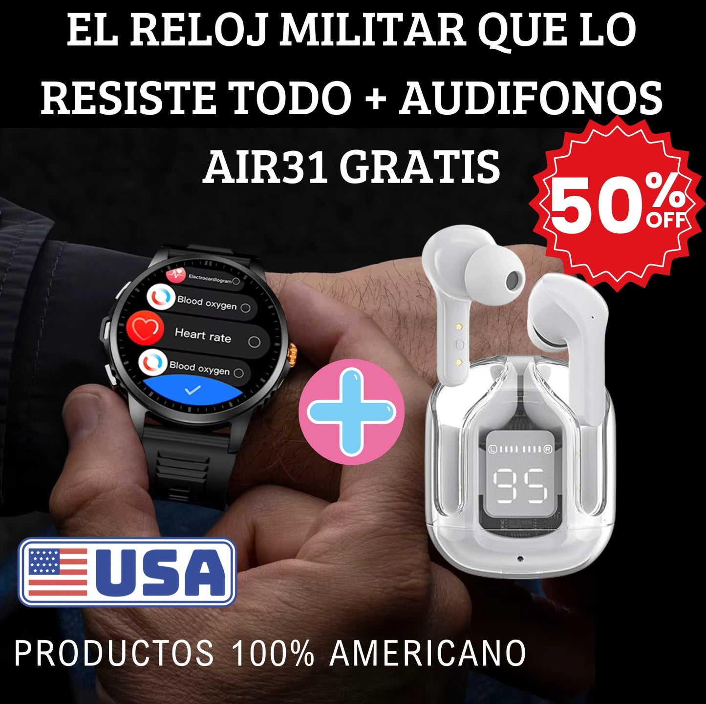 RELOJ INTELIGENTE SPORT WATCH + AUDIFONOS AIR31 GRATIS- Resiste agua, golpes y aventura