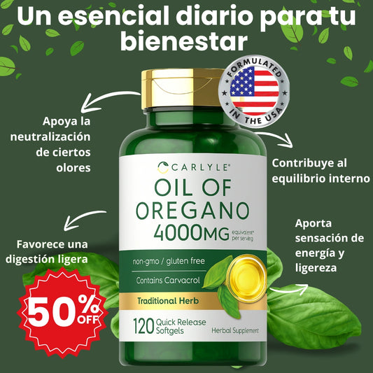 Aceite de Orégano Carlyle®- Cada cápsula aporta aceite de orégano premium, rico en antioxidantes que apoyan tu bienestar diario/4000Mg