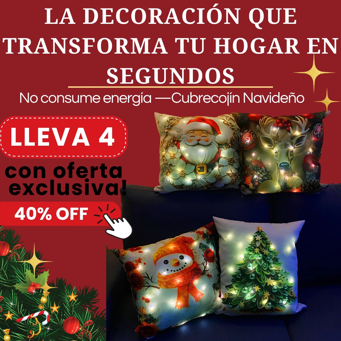 SET CUBRE COJIN NAVIDEÑOx4 UNIDADES CON LUCES LED INCLUIDAS- Transforma cualquier espacio en segundos
